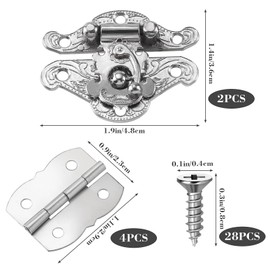 Isslly Small Jewelry Box Hardware, 2 Pcs Antique Hasp Latch and 4 Pcs Silver Hinge Decorative Lock Buckle with 28 Pcs Matching Screws, for Wooden Box Jewelry Box