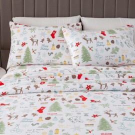 Great Bay Home Christmas Flannel Sheet Set Queen Size - 100% Turkish Cotton, Double-Brushed, Winter Bed Sheets - Ultra-Soft, Cozy, 4-Piece Christmas Bedding Set (Holiday Time)