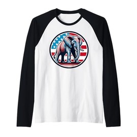 Elephant Illustration With American Flag Artwork Raglan Baseball Tee