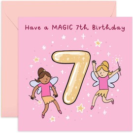 Old English Co. 7th Birthday Card for Girl with Fairy Princess - Cute Girls Happy Birthday Cards - Pink Sparkle Seventh Birthday Card for Her - Age Seven Girl Birthday Card | Blank Inside Envelope