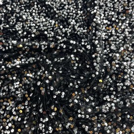 ice fabrics Emma Embroidery Stretch Velvet Sequin Fabric By The Yard / Silver on Black