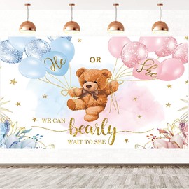 2.4 x 1.8 m Photo Background Gender Reveal Bear Balloons Blue or Pink He or She We Can Bearly Wait to See Photography Background Gender Reveal Party Decorations Banner Photo Studio Props