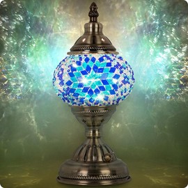 Yarra-Decor Turkish Moroccan Lamp with Bronze Base Handmade Tiffany Mosaic Glass Lamps Portable Bedside Lamps with Rechargeable Battery 2000mAh (LED Bulb Included)(Blue1) Lighting Interior:_Blue2