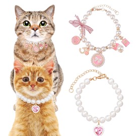 2Pcs Cat Pearl Collar with Heart Shape Pendant Rhinestone, Cute Pearl Pet Necklace with Lovely Bow, Adjustable Size Small Dog Jewelry Accessories for Puppy Girl and Cat for Wedding Party.
