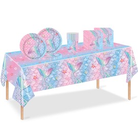 53Pcs Mermaid Party Tableware for Girls,Her Theme Tableware Decorations for Party Table Cloth,7inch Plates,Napkins,Cups Dinnerware Party Supplies