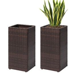 SUNNYPARK 2 Pack Tall Planters for Outdoor Plants Rattan Modern Tall Square Planter Box with Removable Liners Indoor Outdoor Porch Patio Flower Pot (12’’ x 12’’ x 24’’)