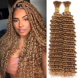 Human Braiding Hair for Boho Braids Honey Blonde Curly Boho Hair for Braiding Knotless 12A Deep Wave Bulk Bohemian 2 Bundles/Pack Color 27 100g 18 Inch