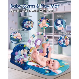 Dearlomum Baby Play Mat & Gym, Fun Piano Tummy Time Activity Mat with 5 Sensory Toys, Music & Lights - Boy & Girl Gifts, 0-12 Months (Blue)