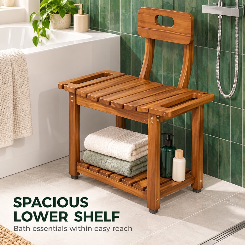 23.4 Inch Acacia Wood Shower Chair with Removable Backrest, 450