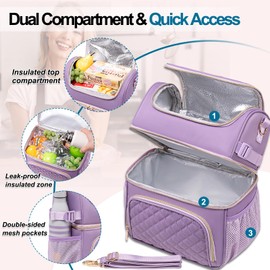 Romenrita Lunch Bags for Women, Dual Compartment Lunch Box Lunch Bag for Work, Leakproof Lunch Cooler Large Insulated Lunchbox for Adult for Women Men, Lunchbag for Picnic Beach (Purple)