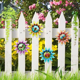 4Pcs Garden Wall Art Decoration Ornament, 3D Colorful Hanging Wall Art Wall Decoration Ornaments, Metal Sunflower Garden Ornaments Outdoor Sculptures Wall Decor for Yard Shed Fences Decorations