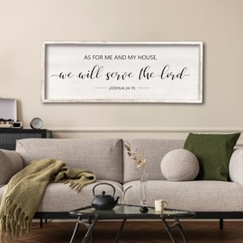 As For Me And My House We Will Serve The Lord Wall Decor 32" x 12" Bedroom Above Bed Sign Large Rustic Farmhouse Wood Framed Bible Verse for Religious Scripture Christian Wall Art (White)