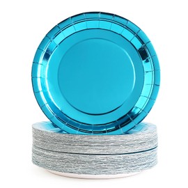 Metallic Blue Paper Plates 9 Inches [50 pack] Round Disposable Dinner Paper Plates for Cakes Salad Pizza Holographic Peacock Blue Decorations Party Supplies for Events Wedding Anniversary Christmas