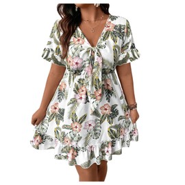 SOLY HUX Women's Plus Size Boho Floral Print Short Sleeve Dress Ruffle Hem V Neck Short Dresses Multicolor XX-Large Plus