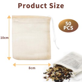50 Pcs Cotton Muslin Drawstring Bags,10 x 8cm 100% Cotton Reusable Mesh Bags Reusable Tea Bags Tea Coffee Filter Bags Crafts Soap Nuts Gift Bag DIY Carft Spices Storage Infuser with Drawstring