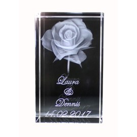 VIP-LASER 3D XL Glass Crystal Cuboid - Rose with Two Names and Date in Portrait Format - For People You Love!
