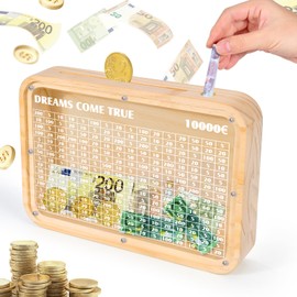 Wooden Money Box, 10,000 Euro Money Box with Numbers, Piggy Bank with Savings Target for Adults Children, Reusable Money Box - Money Saving Challenge, No Assembly