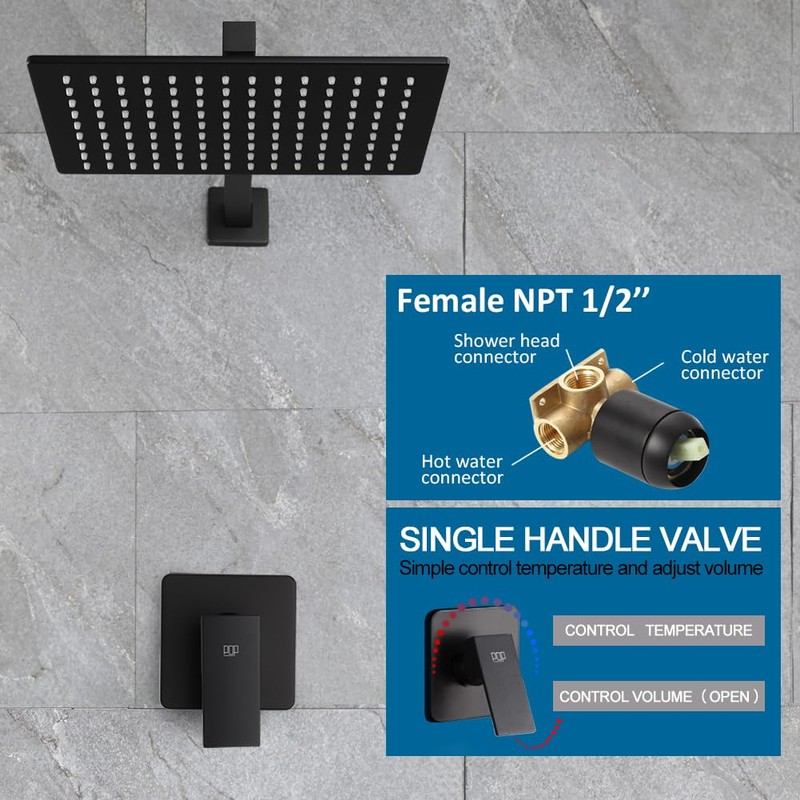 POP SANITARYWARE Matte Black Shower Faucet Set, Bathroom Rainfall Shower