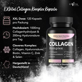 Collagen Hyaluronic Acid Complex, 120 Collagen Capsules of Pasture Bovine Enriched with Biotin, Vitamin C, B2, Zinc & Selenium, 1000 mg Collagen Hydrolysate per Day