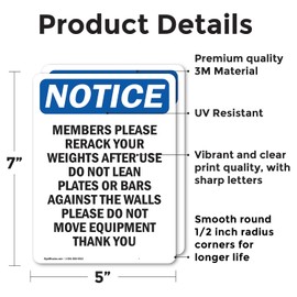 (2 Pack) Members Please Rerack Your Weights OSHA Notice Sign 5 Inch X 7 Inch Vinyl Label Decal Sticker Weather Resistant, UV Protected for Workplace, Business, and Construction Site, Made in the USA