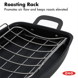 OXO Obsidian Pre-Seasoned Carbon Steel, 15" x 10.5" Roasting Pan with Stainless Steel Roaster Rack, Induction, Black