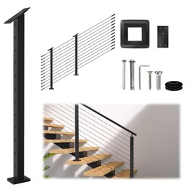 Rayzi Stair Cable Railing Post 42"x2"x2" Slant Fixed Top Stainless Steel Stair Rail Post, Fit for 25-35 Degrees Stairway, Drilled Stair Deck Post Black