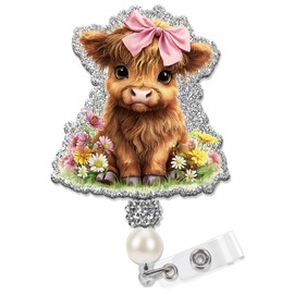 Obookey Cute Highland Cow Badge Reel, Retractable Funny ID Card Badge Holder with Clip, Pink Badges Reel Gifts for Nurse Women Pediatric Nursing Students Teachers Doctor NICU RN CNA LPN Office Staff