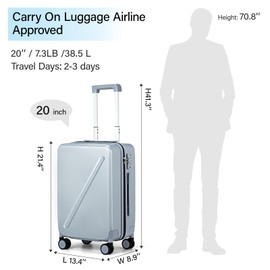 MILADA Luggage Carry On Luggage 22x14x9 Airline Approved 20 Inch Carry On Suitcase Hard Shell Suitcases with Wheels Carry on Bag Travel Luggage with TSA Lock,Grey