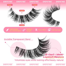 False Eyelashes Clear Band Natural Look Faux Mink Lashes Wispy Cat Eye Lashes Soft Eyelashes Lightweight Handmade 8 Pairs Pack Eyelashes