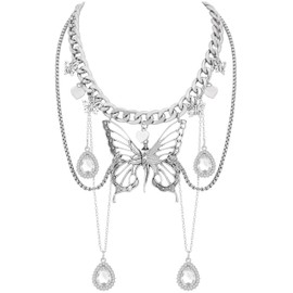 OJERRY Y2K Grunge Cool Aesthetic Whimsigoth Indie Statement Butterfly Moth Alt Layer Edgy Chunky Cable Chain Teardrop Pendant Necklace Accessories Jewelry Fashion Gifts Things Trendy Stuff for Women