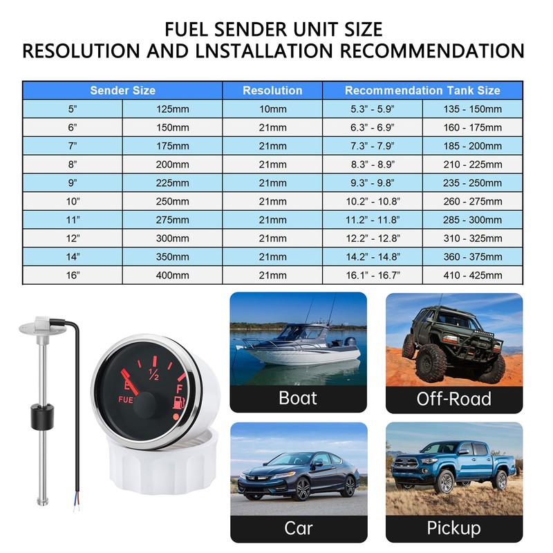 MAIMEIMI Fuel Sending Unit and Gauge Kit 240-33ohm 14" Marine