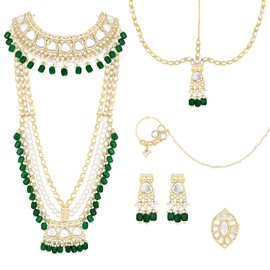 Aheli Gold Plated Green Kundan Studded Choker Long Necklace Maangtikka Nathiya Earrings Finger Ring Bridal Jewellery Set Gift for Women