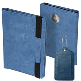 NEYYOS® Passport Cover with Airtag Compartment, RFID Blocking Passport for New & Old Passports, Organiser Bag, Passport Travel Wallet Vaccination Card Holder, blue, With Airtag compartment