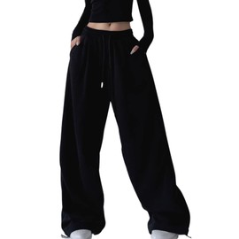 Chmnigma Wide Leg Sweatpants for Women Men Baggy Casual Drawstring Sweat Pants Trendy Athletic Grunge Clothes(Black-M)