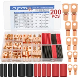 200pcs Battery Cable Ends, Copper Wire Lugs AWG 2 4 6 8 10 Gauge - 100Pcs Battery Cable Lugs Ring Terminal Connectors with 100Pcs Heat Shrink Assortment Kit for Marine Automotive Electrical Supplies