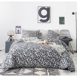 SUSYBAO Grey Leopard Duvet Cover Queen 100% Cotton Black Cheetah Duvet Cover 3 Pieces Set 1 Modern Gray Animal Pattern Duvet Cover with Zipper Ties 2 Pillowcases Soft White Cheetah Print Bedding