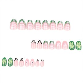French Tip Press on Nails Short Round Fake Nails with Leopard Crocodile Print Design Green Flower Acrylic False Nails Full Cover Glue on Nails Glossy Summer Stick on Nails for Women 24Pcs