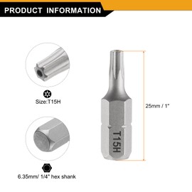 sourcing map 10pcs T15H Torx Screwdriver Bit 1/4" Hex Shank 25mm/1" Length Magnetic Star 6 Point Head Hex Bits S2 Steel Screw Driver Bit with Hole