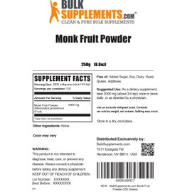 BulkSupplements.com Monk Fruit Powder - Pure Monk Fruit Without Erythritol, Monk Fruit Sweetener - Sugar Substitutes for Baking & Smoothies, Gluten Free - 2000mg per Serving, 250g (8.8 oz)