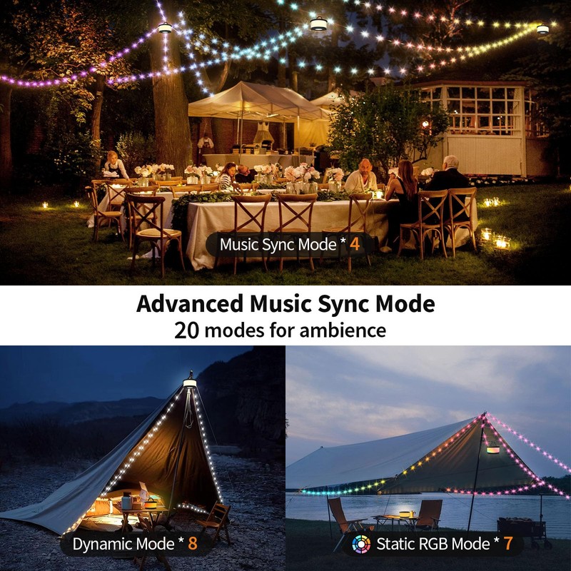 TOHETO Camping String Lights, 3 in 1 Upgraded Retractable RGB
