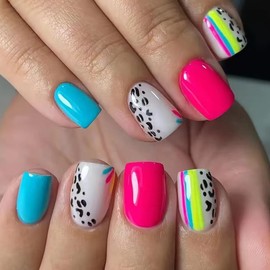 Square Press on Nails Short Fake Nails Pink False Nails Press ons with Designs Leopard Print Glossy Full Cover Blue Acrylic Glue on Nails Artificial Spring Stick on Nails for Women Manicure 24Pcs