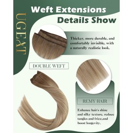 Ugeat Hair Extensions Real Human Hair Sew in Weft Hair Extensions for Women Light Brown Mix Platinum Blonde Balayege Double Weft Hair Extensions Human Hair 14inch 80G