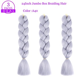 Jumbo Box Braiding Hair Extensions 24 Inch Sliver Gray Braiding Hair 3 Packs Twist Crochet Braids Hair Extension for Women High Temperature Synthetic Fiber(24",A40)