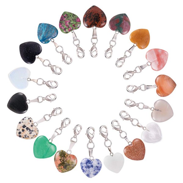 PH PandaHall 18pcs Heart Quartz Gemstone Chakra Stone Charm Pendants