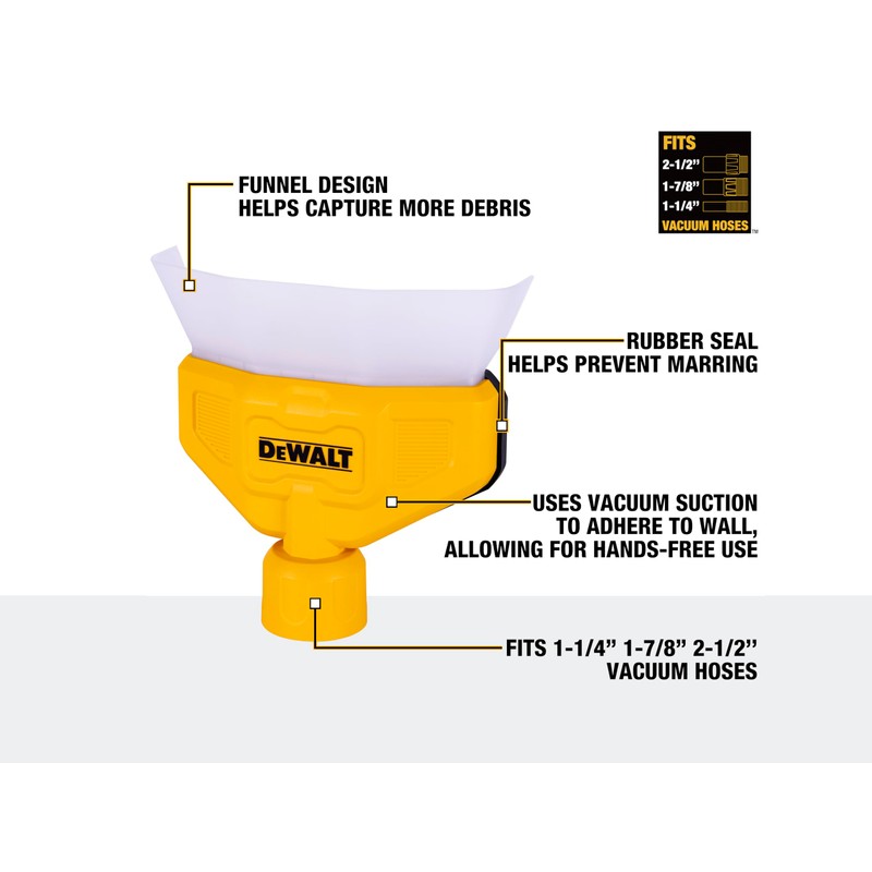 DeWalt DXVA00-1500E Dust Collector has a funnel design for maximum