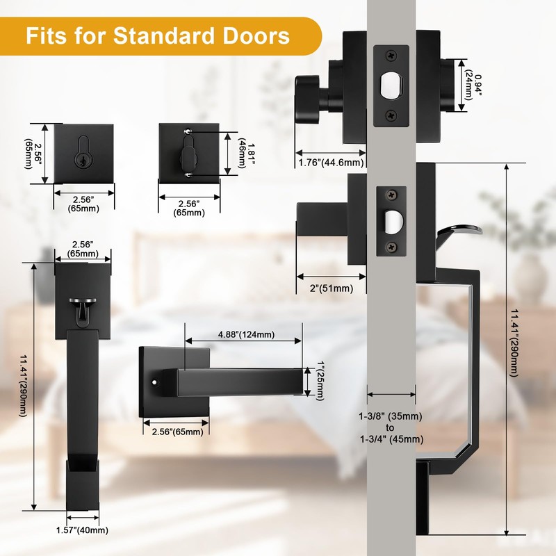 Probrico Black Front Door Handle Set,Exterior Door Handle with Deadbolt,Entry