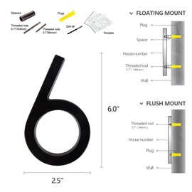 6-inch house numbers black-coated die cast Aluminum floating flush mount Matching Screws Included nail-on (6)