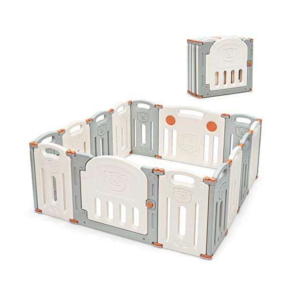 Costzon Baby Playpen, 14-Panel Foldable Large Baby Playard w/Locking Gate,