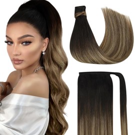 Sunny Hair Ponytail Extension Human Hair Wrap Around Ponytail Extension Straight Pony Tails Hair Extensions Clip in Ponytail Hair Extensions for Women 80G Black to Brown with Caramel Blonde 18inch
