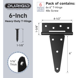 DURIGID 6 Pack 6 Inch Heavy Duty Hinges for Wood, Vinyl and Metal Gates, T Strap Hinges Used for Smaller Projects Like Cabinet Doors, Small Garden Gates, or Shed Windows